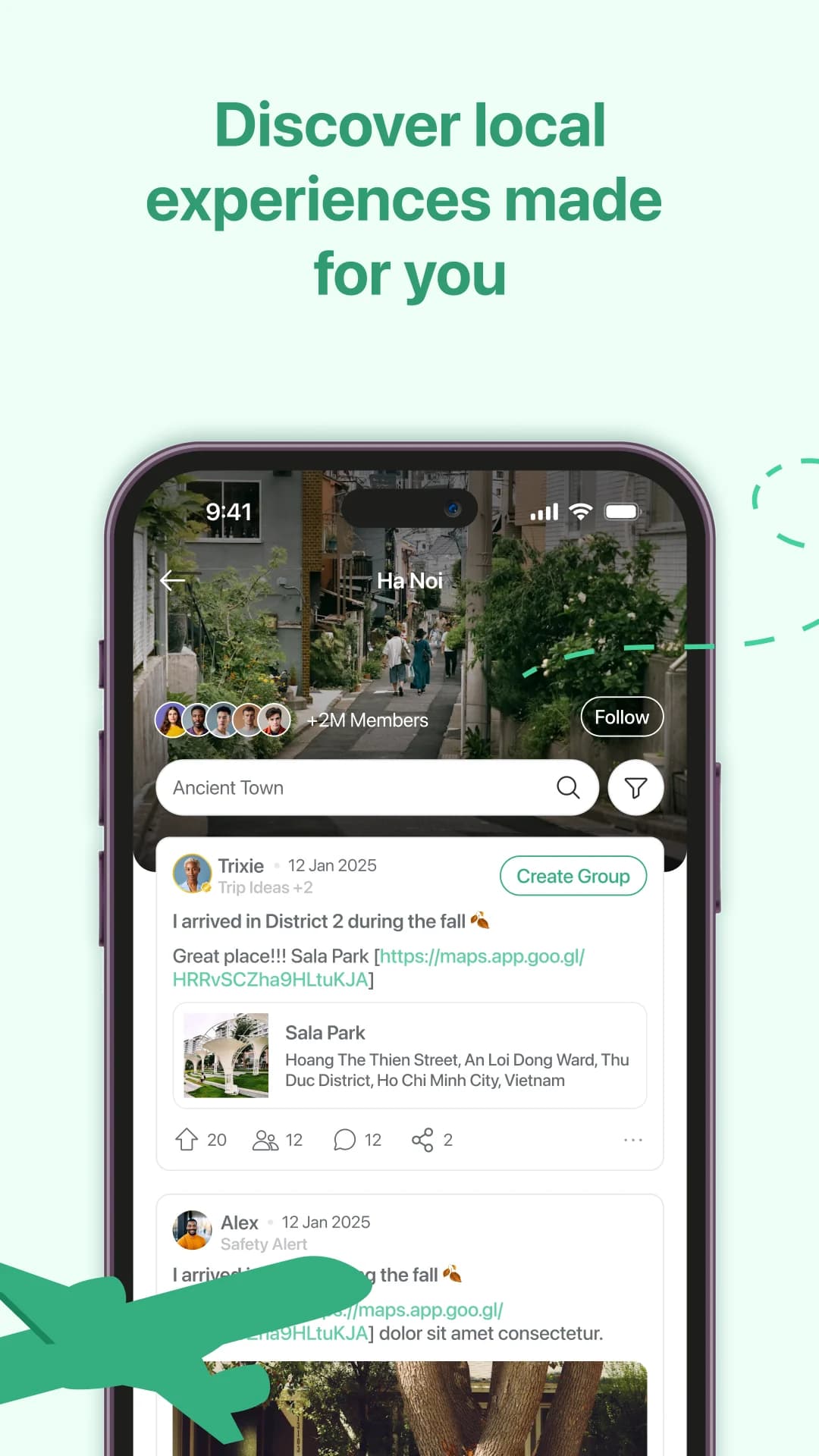 We Solo Android and iOS travel app screenshot showing itinerary and social travel features by Tran Ngoc Tien 2 of 5
